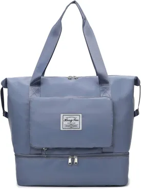 New Foldable Dry/Wet Separation Travel Duffel Bag with Shoe Compartment Large Capacity Folding Weekender Overnight Bag Lightweight Waterproof Gym Tote Bag (F-Blue)