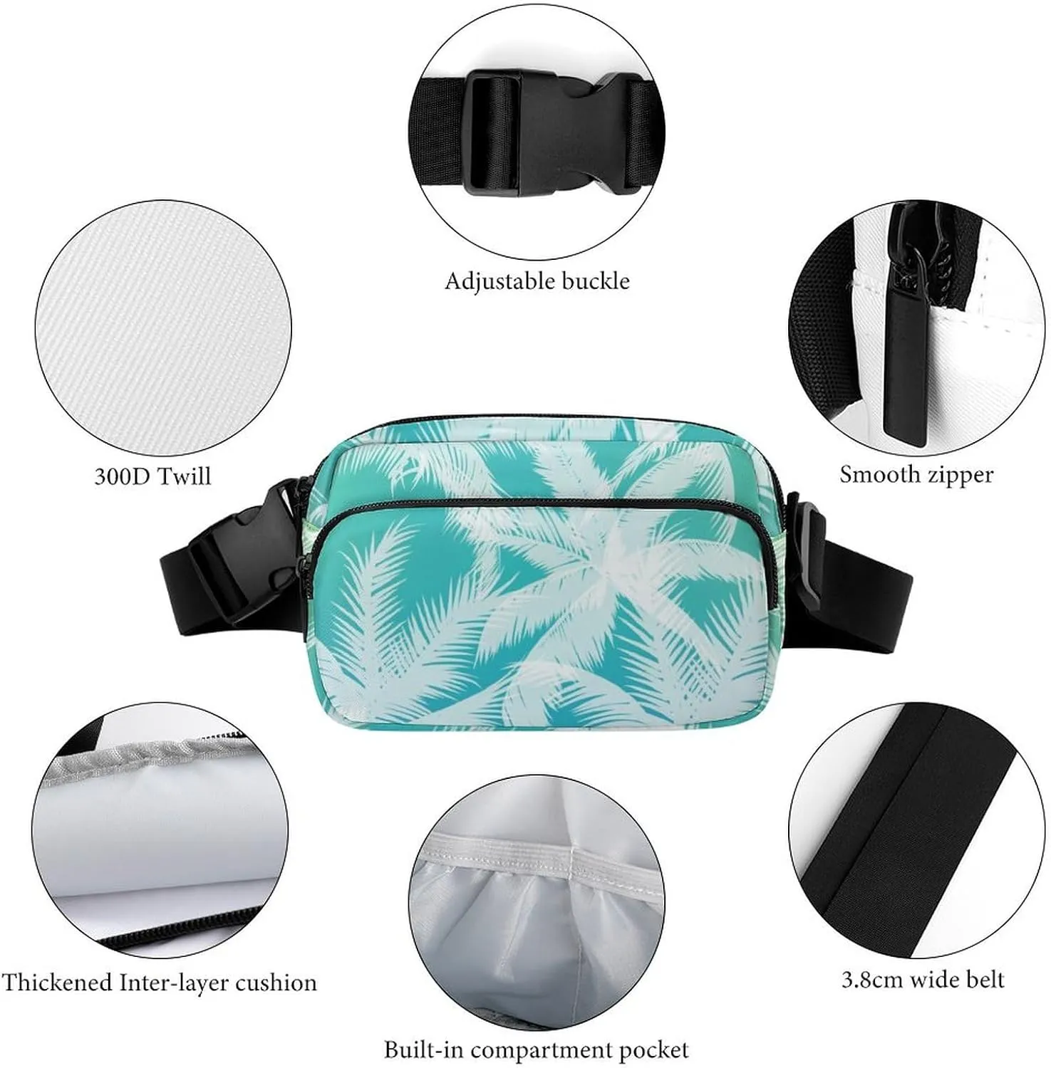 Palm Tree Leaves Belt Bag Fanny Pack for Women Men Tropical Summer Crossbody Waist Bag Pack Adjustable Casual Bag for Travel Running Workout Cycling