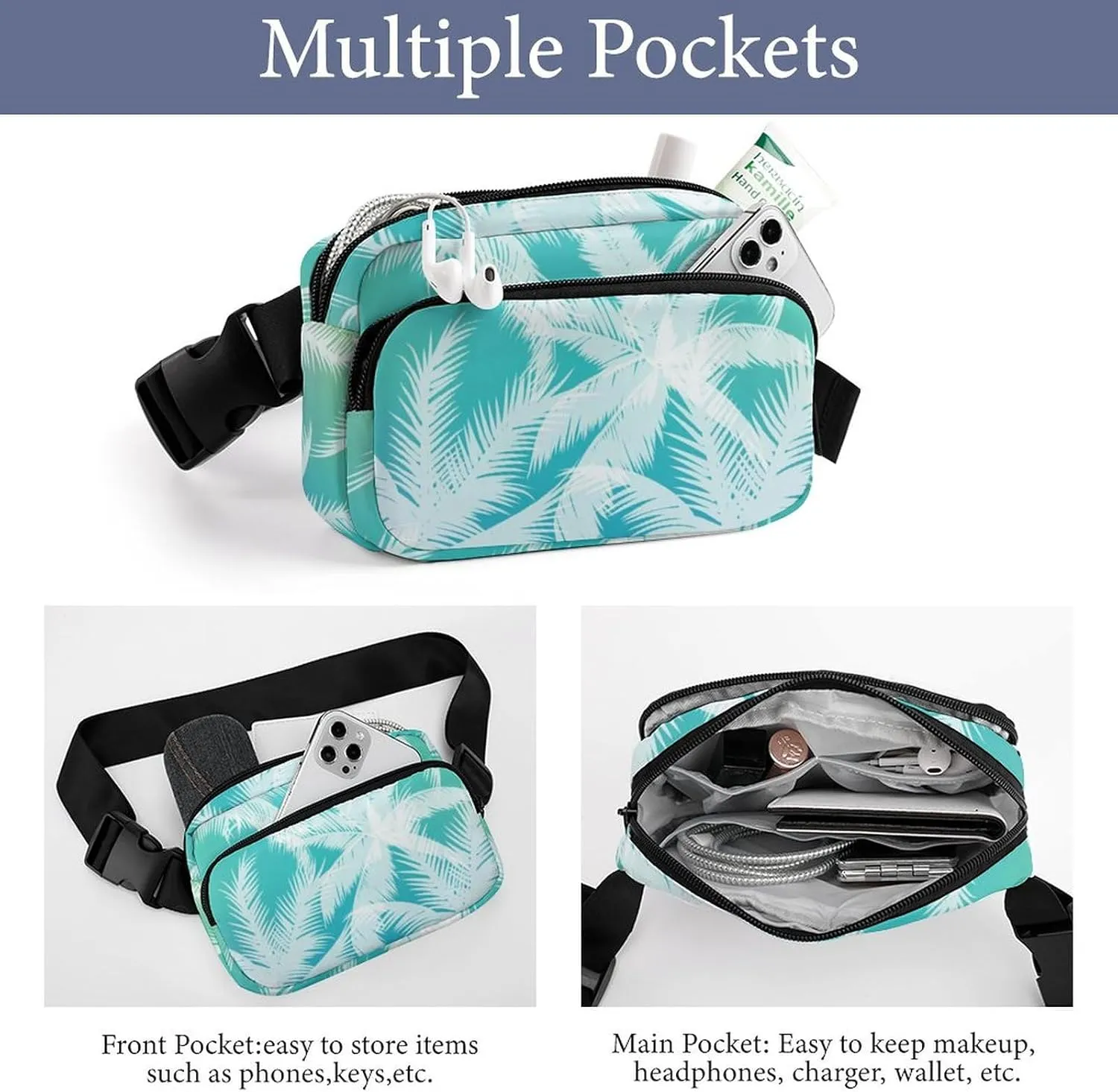 Palm Tree Leaves Belt Bag Fanny Pack for Women Men Tropical Summer Crossbody Waist Bag Pack Adjustable Casual Bag for Travel Running Workout Cycling