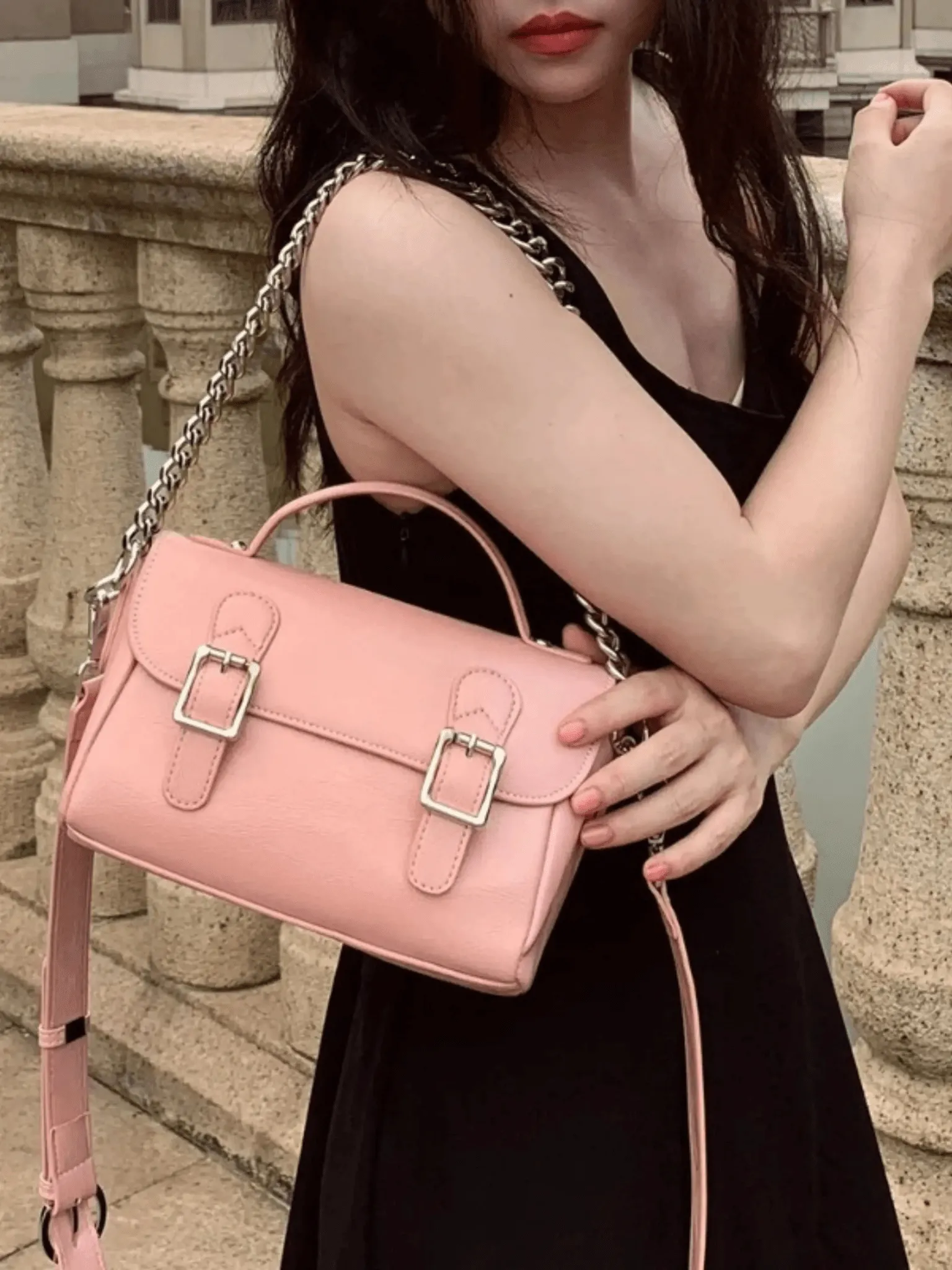 Peyton | Chic Satchel Bag with Buckle and Chain Detail
