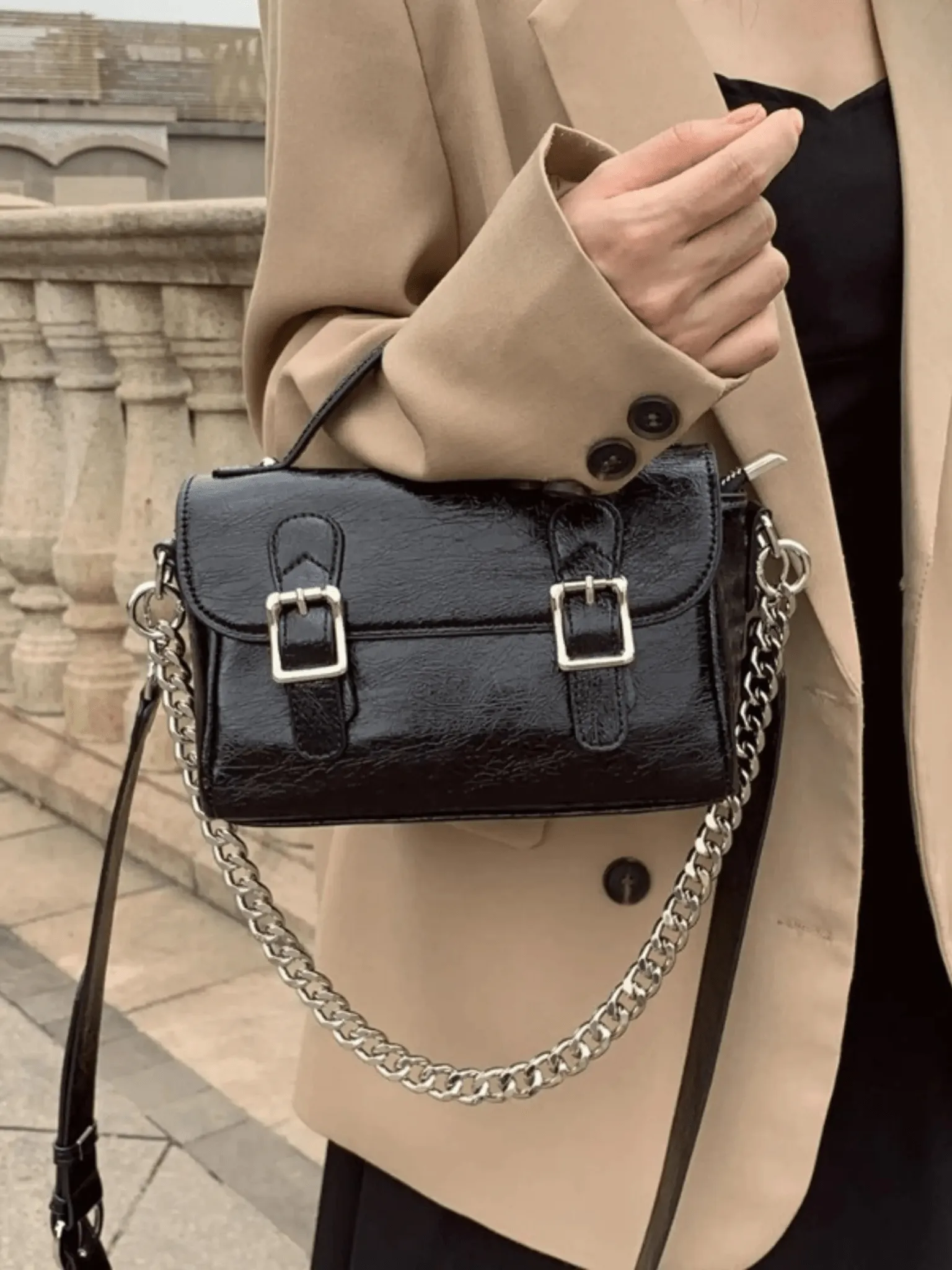 Peyton | Chic Satchel Bag with Buckle and Chain Detail