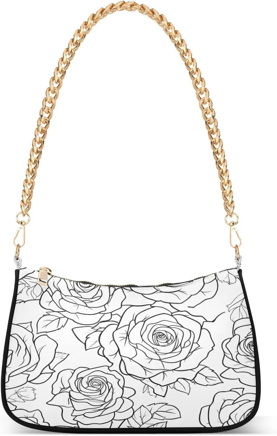 Shoulder Bags for Women Black and White Lines Roses Hobo Tote Handbag Small Clutch Purse with Zipper Closure