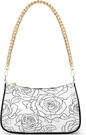 Shoulder Bags for Women Black and White Lines Roses Hobo Tote Handbag Small Clutch Purse with Zipper Closure
