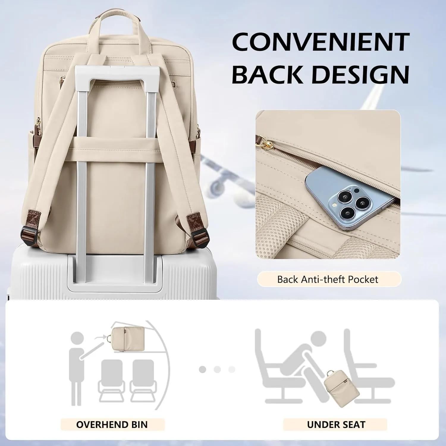 Slim Laptop Backpack for Women, Lightweight Business Backpack for Women Computer Bag Purse for Commuting, Fit 16 Inch, Apricot