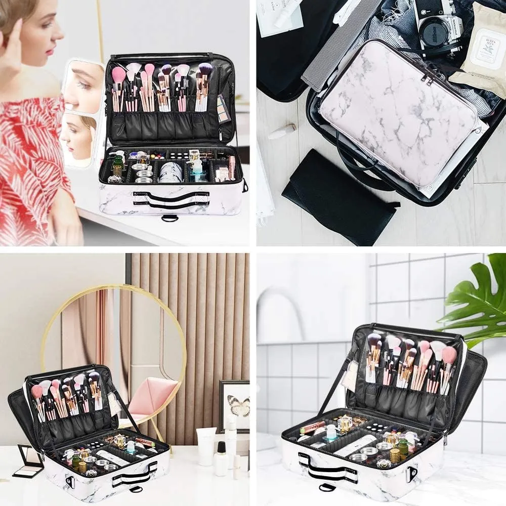 Travel Makeup Bag 3 Layers PU Leather Large Makeup Train Case Professional Cosmetic Bag Organizer Storage Artist Bag with Adjustable Strap Marble Pattern