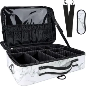 Travel Makeup Bag 3 Layers PU Leather Large Makeup Train Case Professional Cosmetic Bag Organizer Storage Artist Bag with Adjustable Strap Marble Pattern