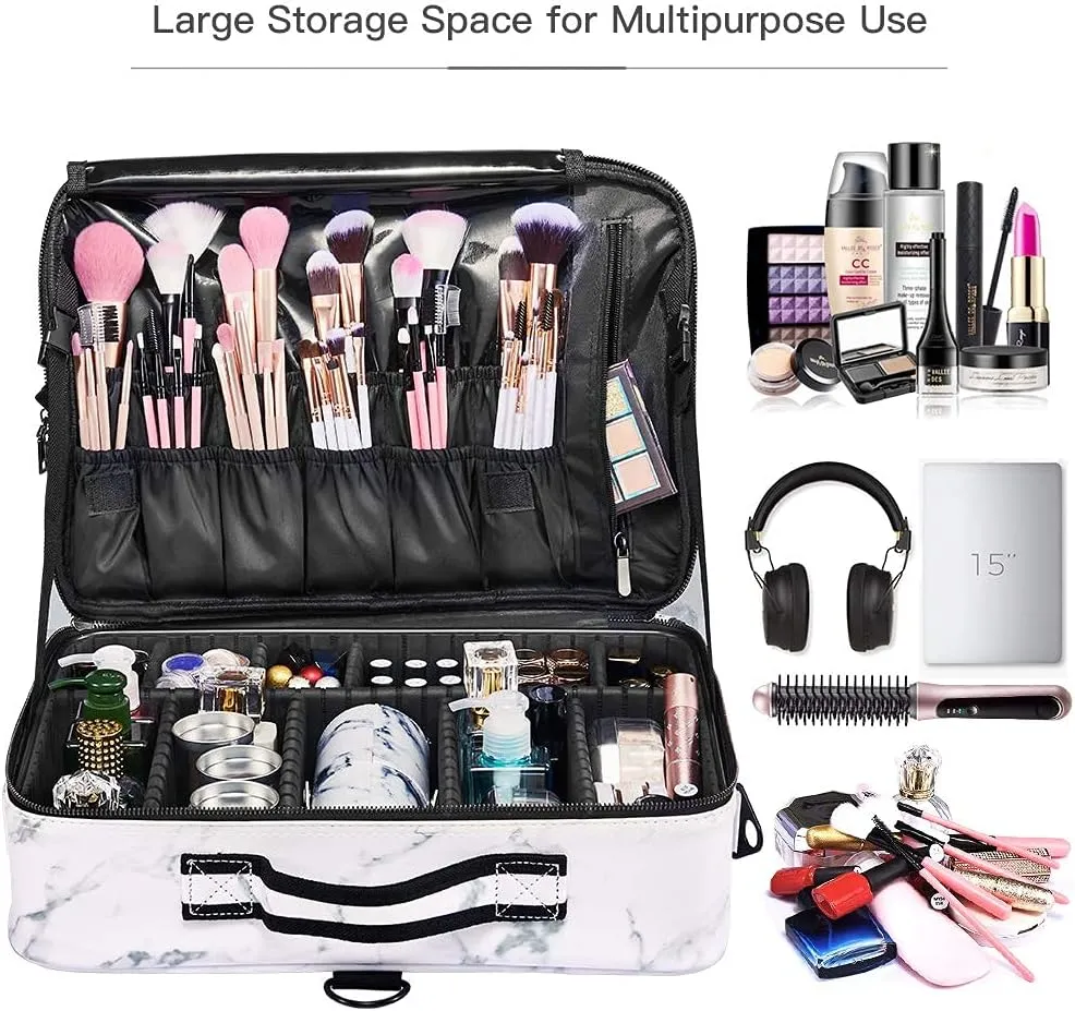 Travel Makeup Bag 3 Layers PU Leather Large Makeup Train Case Professional Cosmetic Bag Organizer Storage Artist Bag with Adjustable Strap Marble Pattern