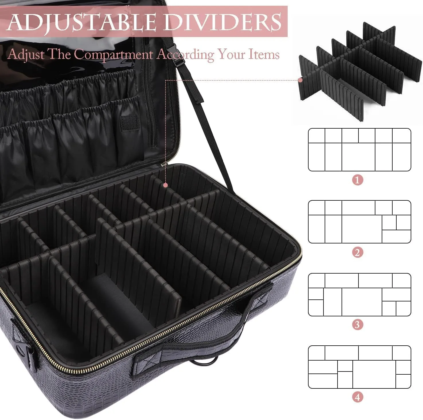 Travel Makeup Case, PU Leather Professional Large Makeup Bag Organizer with Shoulder StrapL-Black Crocodile