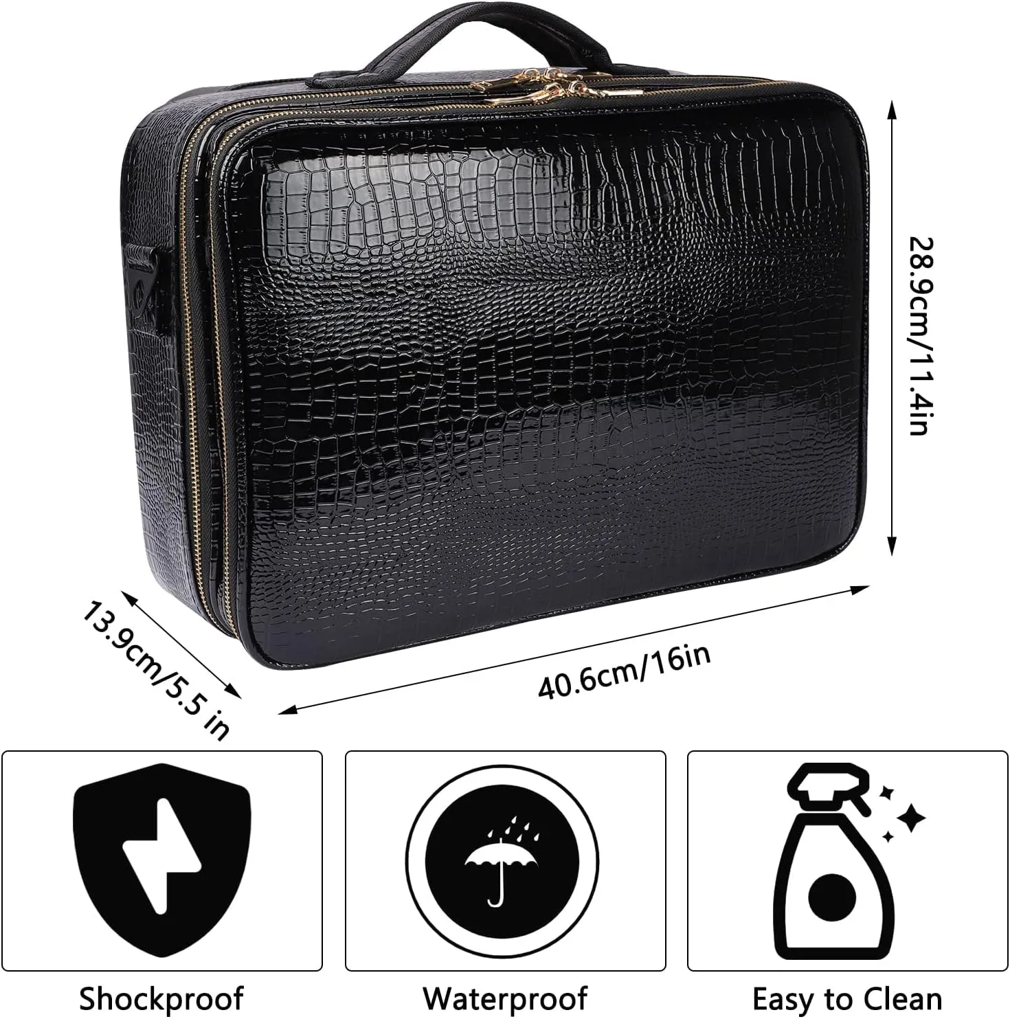 Travel Makeup Case, PU Leather Professional Large Makeup Bag Organizer with Shoulder StrapL-Black Crocodile