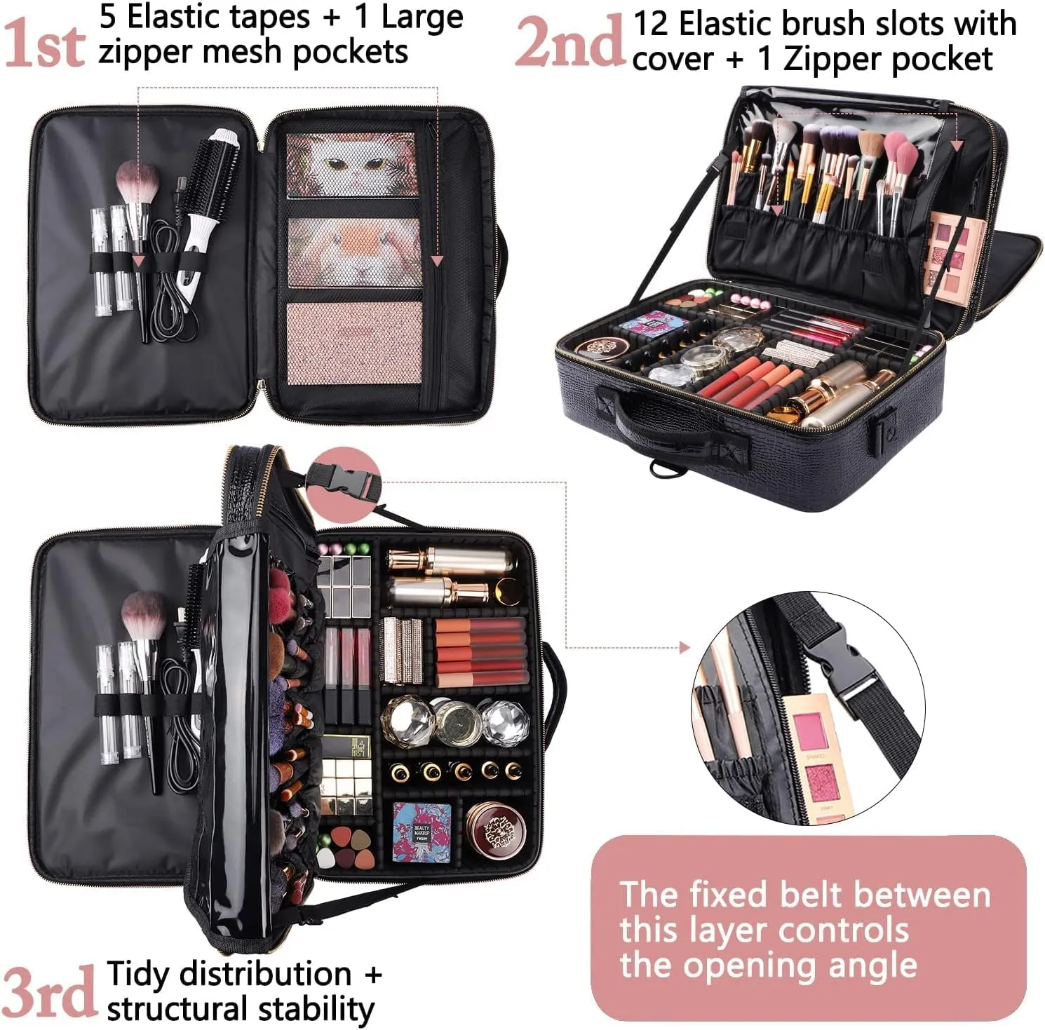 Travel Makeup Case, PU Leather Professional Large Makeup Bag Organizer with Shoulder StrapL-Black Crocodile