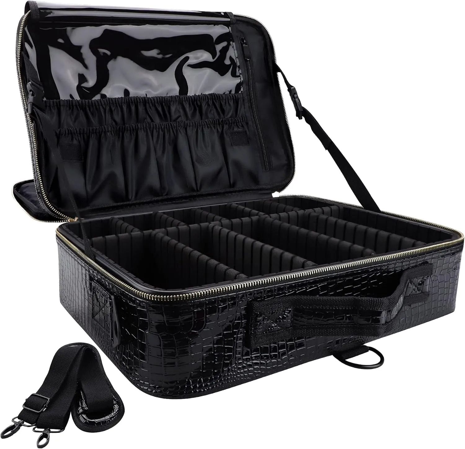 Travel Makeup Case, PU Leather Professional Large Makeup Bag Organizer with Shoulder StrapL-Black Crocodile