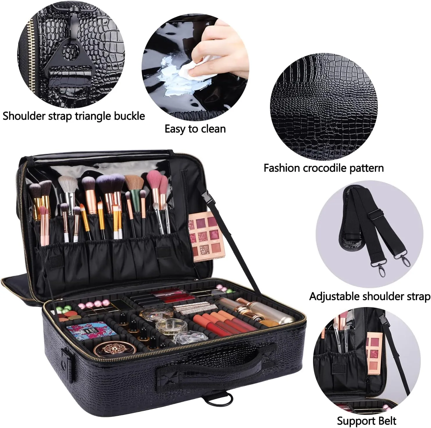 Travel Makeup Case, PU Leather Professional Large Makeup Bag Organizer with Shoulder StrapL-Black Crocodile