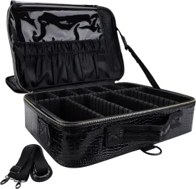 Travel Makeup Case, PU Leather Professional Large Makeup Bag Organizer with Shoulder StrapL-Black Crocodile