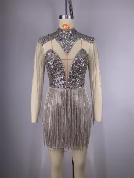 Trend4us Women’s Luxury Silver Beaded Sequin Diamonds Tassel Dress