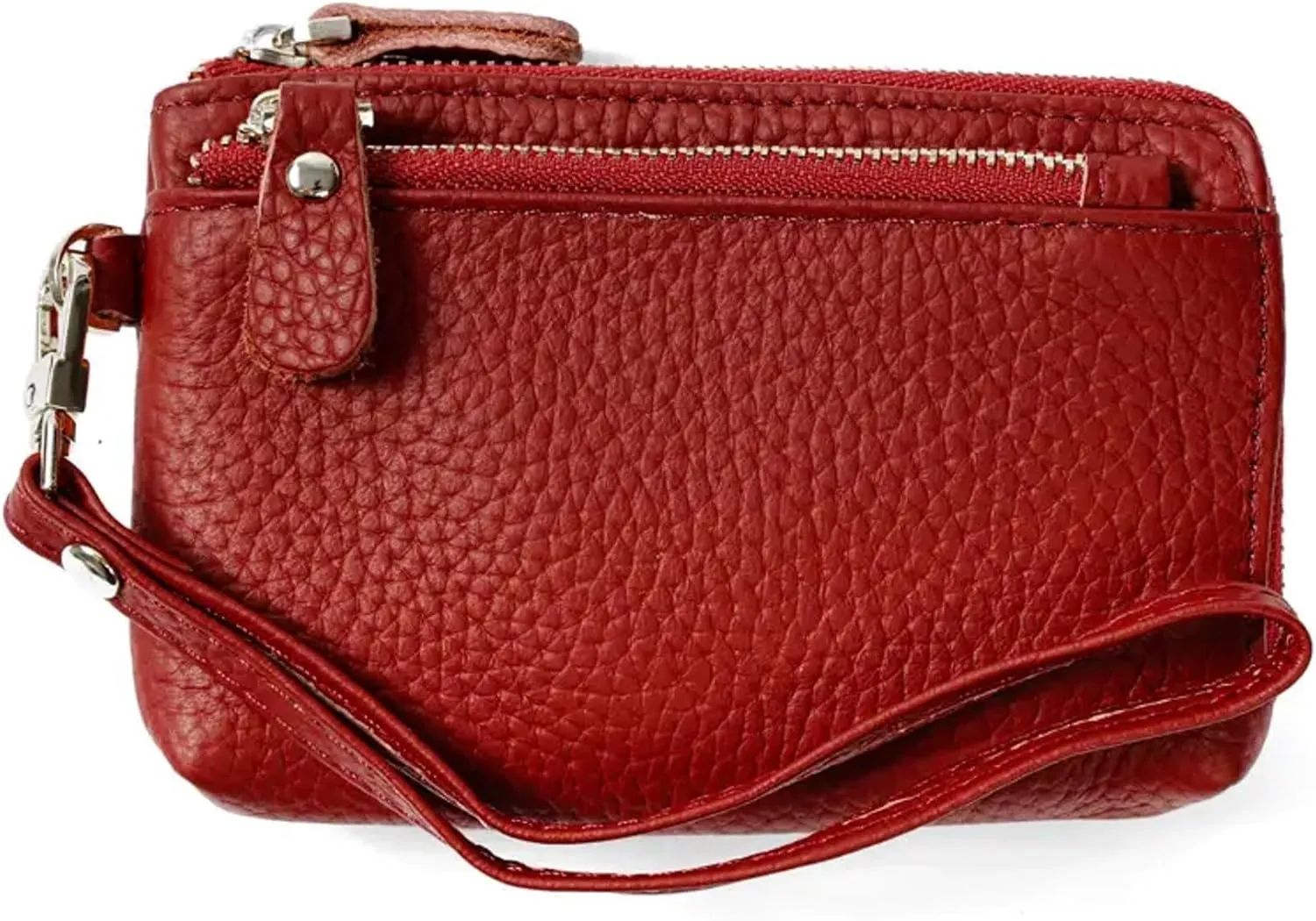 Women Genuine Real Leather Coin Purse with Hand Strap. 3 Zipper Small Wallet Wristlet with 3 credit cards slots Holder - Burgundy