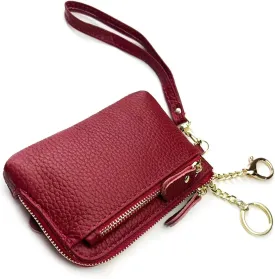 Women Genuine Real Leather Coin Purse with Hand Strap. 3 Zipper Small Wallet Wristlet with 3 credit cards slots Holder - Burgundy