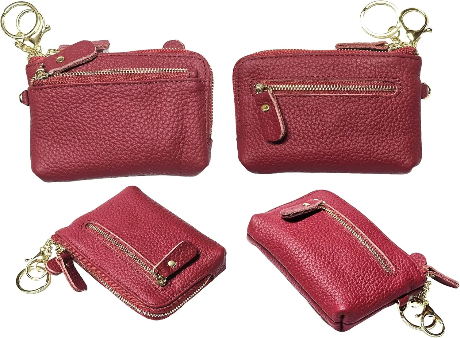 Women Genuine Real Leather Coin Purse with Hand Strap. 3 Zipper Small Wallet Wristlet with 3 credit cards slots Holder - Burgundy