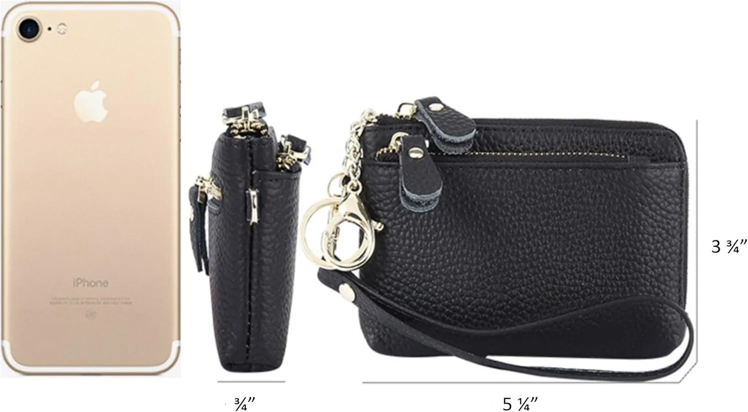 Women Genuine Real Leather Coin Purse with Hand Strap. 3 Zipper Small Wallet Wristlet with 3 credit cards slots Holder - Light Mauve