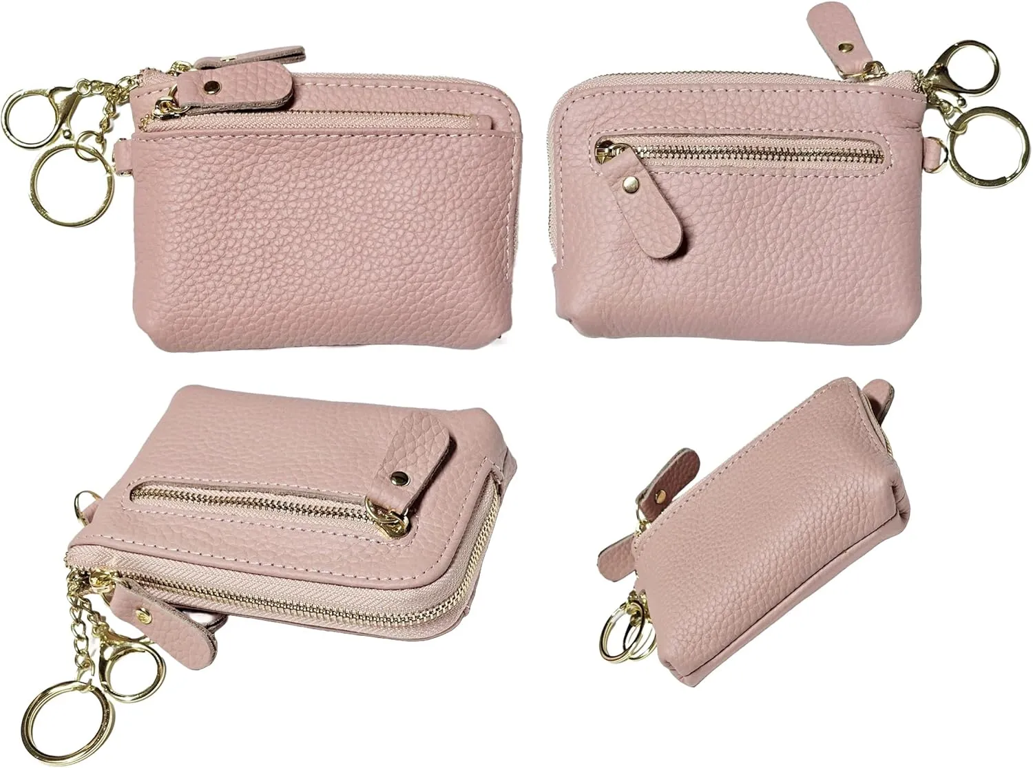 Women Genuine Real Leather Coin Purse with Hand Strap. 3 Zipper Small Wallet Wristlet with 3 credit cards slots Holder - Light Mauve
