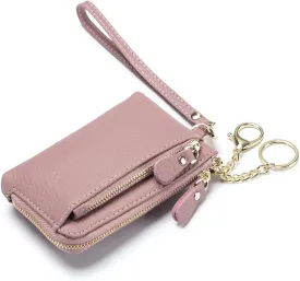 Women Genuine Real Leather Coin Purse with Hand Strap. 3 Zipper Small Wallet Wristlet with 3 credit cards slots Holder - Light Mauve