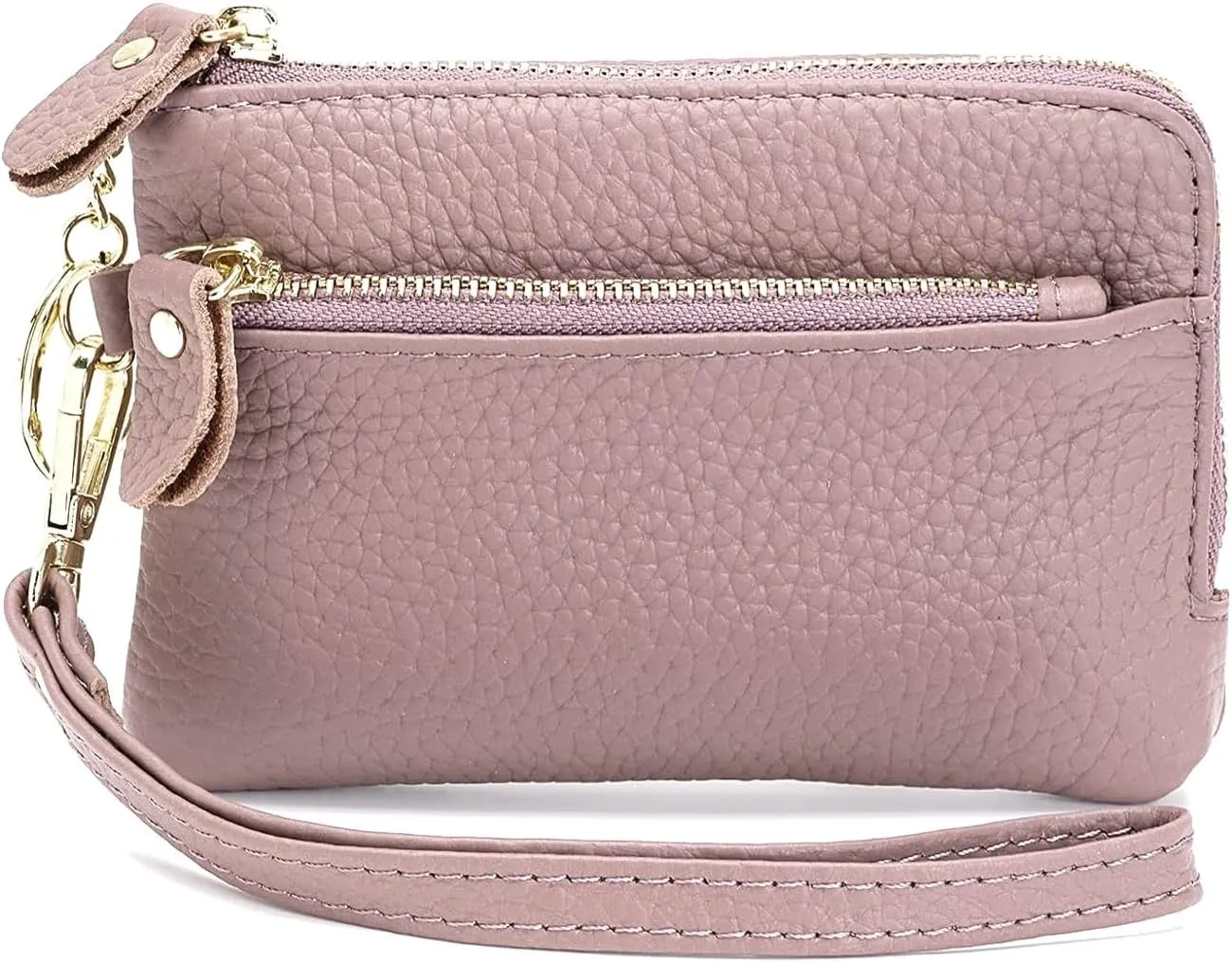Women Genuine Real Leather Coin Purse with Hand Strap. 3 Zipper Small Wallet Wristlet with 3 credit cards slots Holder - Light Mauve