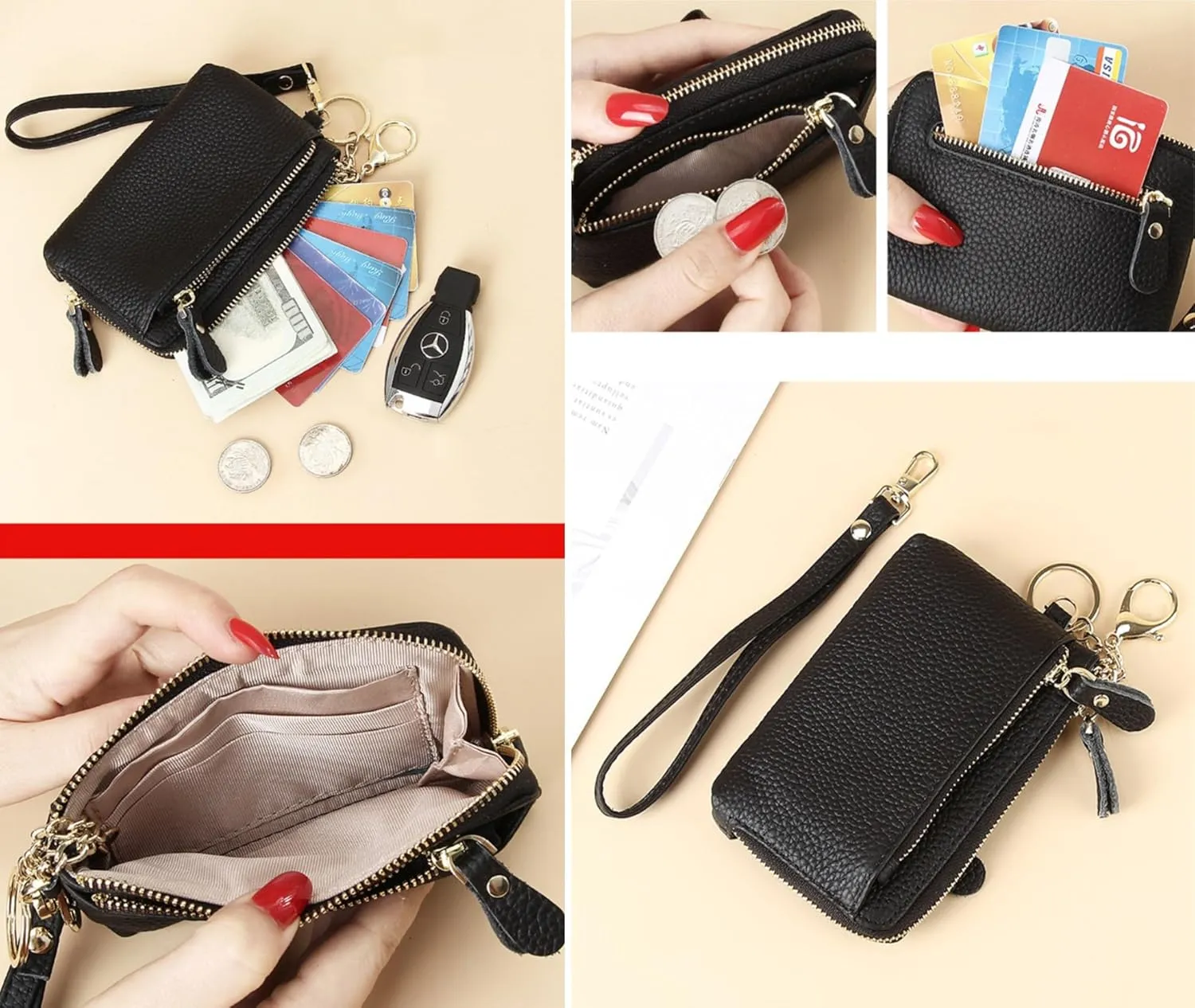 Women Genuine Real Leather Coin Purse with Hand Strap. 3 Zipper Small Wallet Wristlet with 3 credit cards slots Holder - Light Mauve