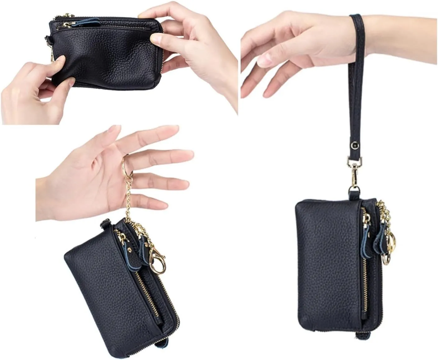 Women Genuine Real Leather Coin Purse with Hand Strap. 3 Zipper Small Wallet Wristlet with 3 credit cards slots Holder - Light Mauve
