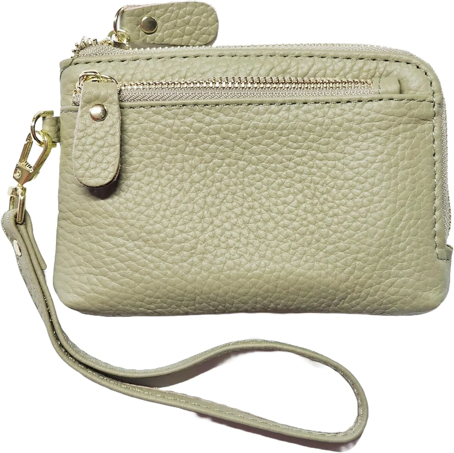 Women Genuine Real Leather Coin Purse with Hand Strap. 3 Zipper Small Wallet Wristlet with 3 credit cards slots Holder - Light Sage Green
