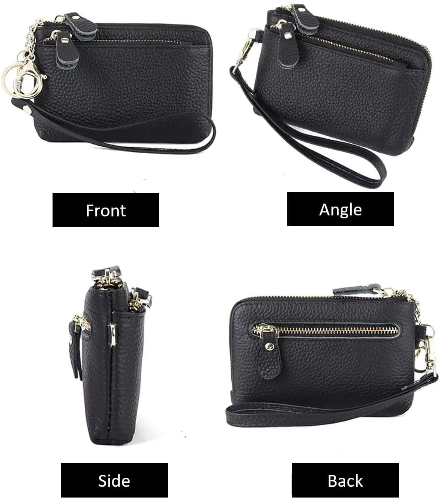 Women Genuine Real Leather Coin Purse with Hand Strap. 3 Zipper Small Wallet Wristlet with 3 credit cards slots Holder - Light Sage Green