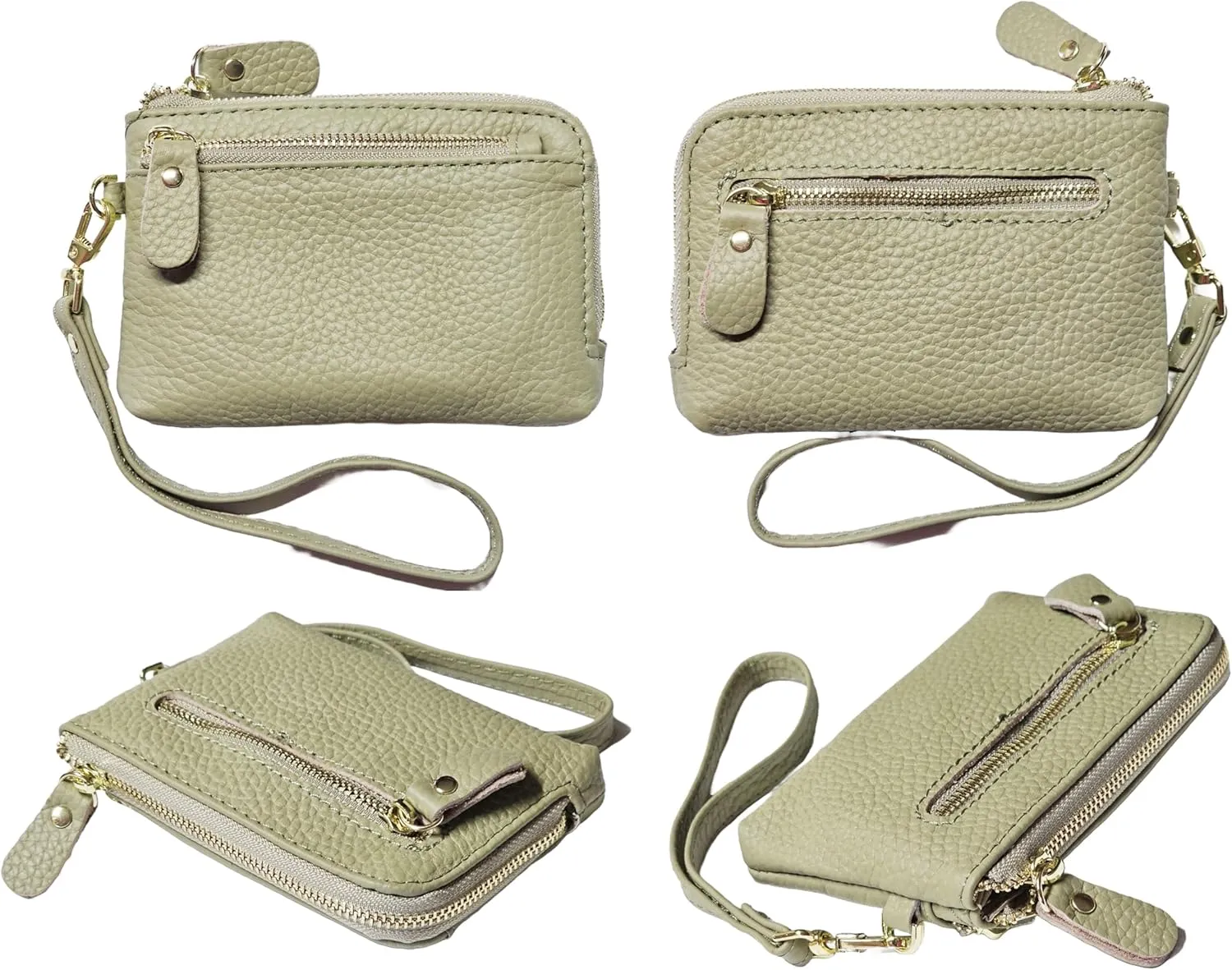 Women Genuine Real Leather Coin Purse with Hand Strap. 3 Zipper Small Wallet Wristlet with 3 credit cards slots Holder - Light Sage Green
