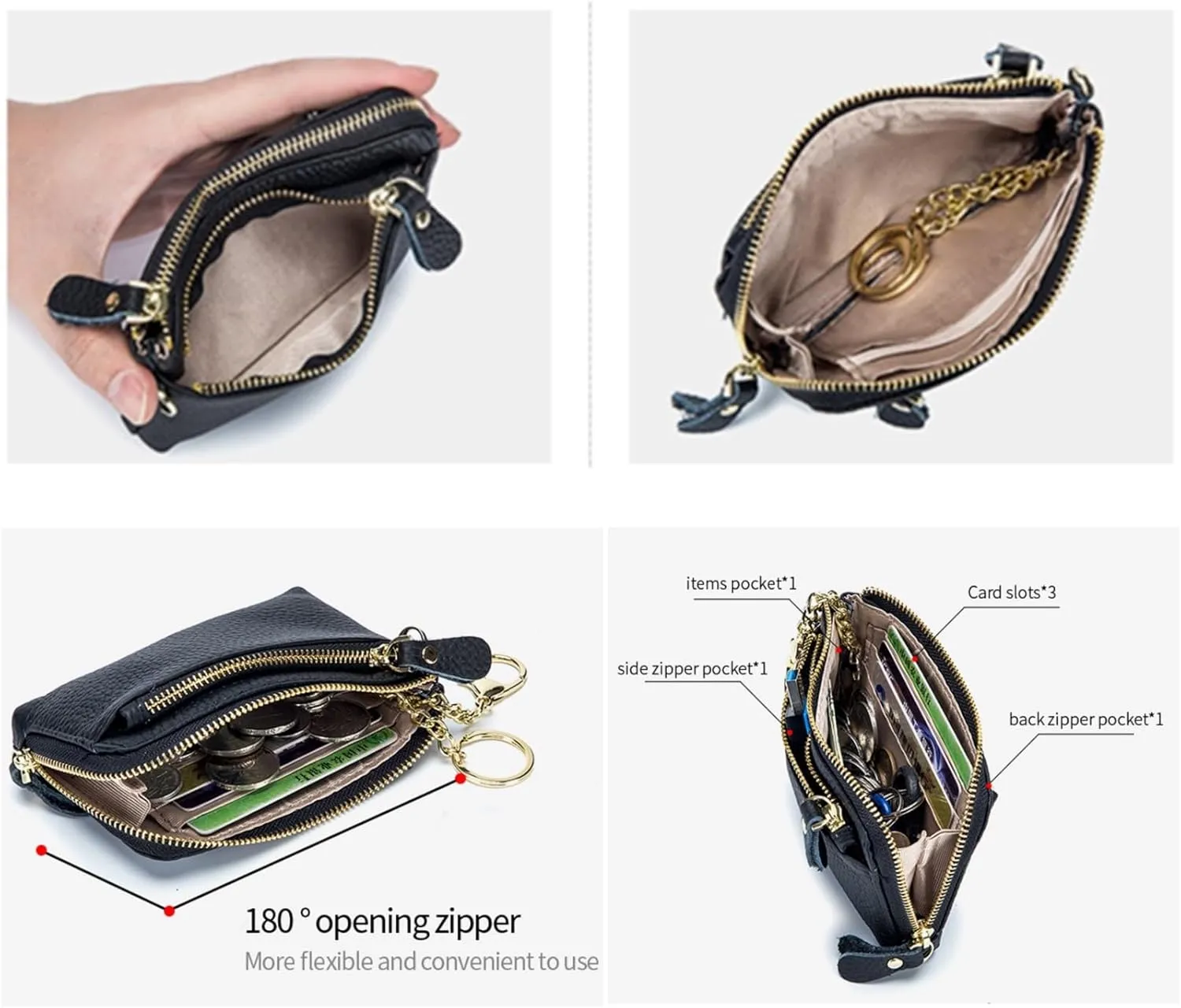Women Genuine Real Leather Coin Purse with Hand Strap. 3 Zipper Small Wallet Wristlet with 3 credit cards slots Holder - Light Sage Green