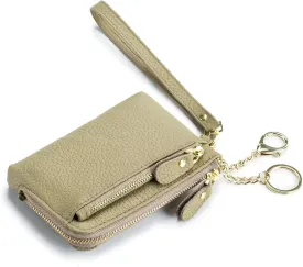 Women Genuine Real Leather Coin Purse with Hand Strap. 3 Zipper Small Wallet Wristlet with 3 credit cards slots Holder - Light Sage Green