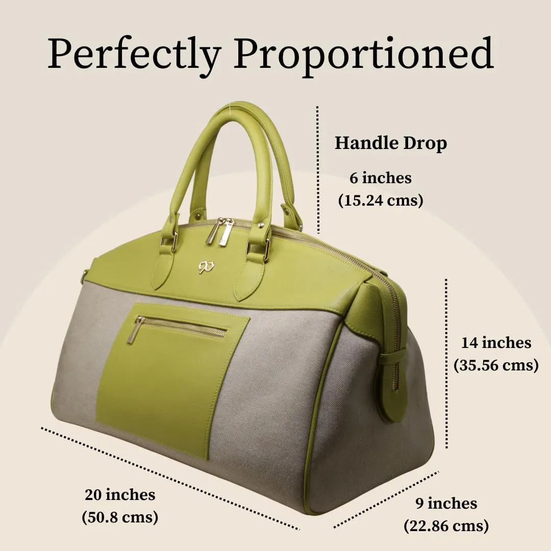 Zyan Lime Green Canvas and Leather Duffle Bag | Weekender Cabin Carryall Travel Bag with Detachable Strap | 90 Feet Handcrafted by Dharavi Market