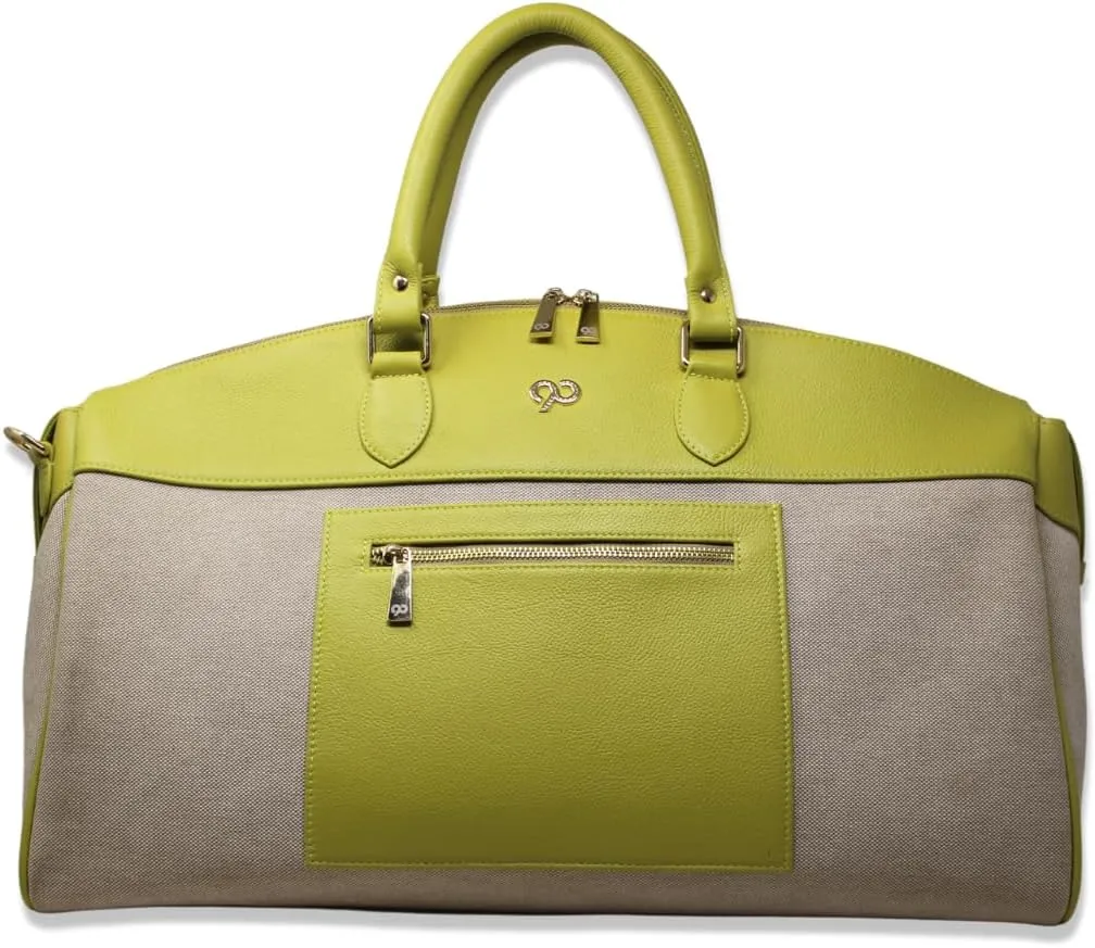 Zyan Lime Green Canvas and Leather Duffle Bag | Weekender Cabin Carryall Travel Bag with Detachable Strap | 90 Feet Handcrafted by Dharavi Market