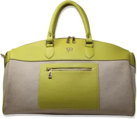 Zyan Lime Green Canvas and Leather Duffle Bag | Weekender Cabin Carryall Travel Bag with Detachable Strap | 90 Feet Handcrafted by Dharavi Market